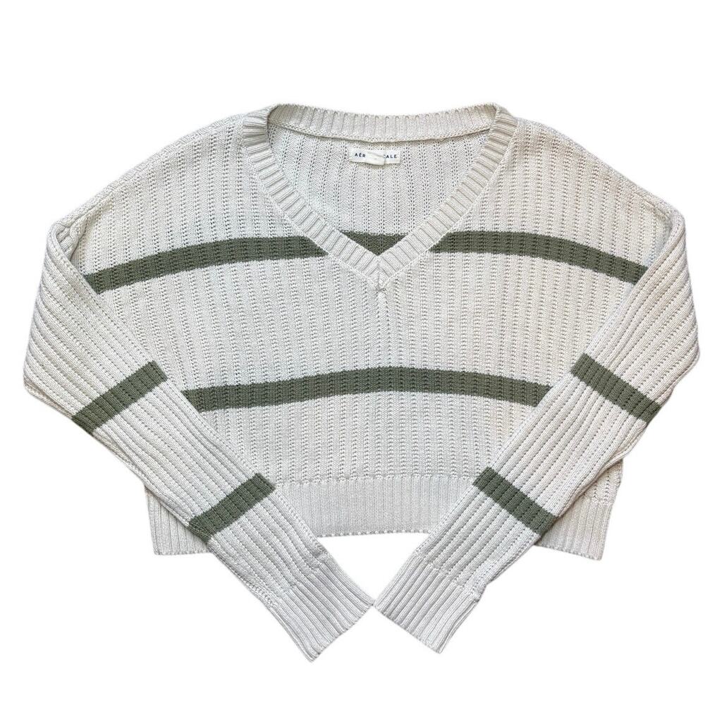Aeropostale Striped Knit Sweater 🤍 Cream & Olive Cozy Pullover Crop • Size S